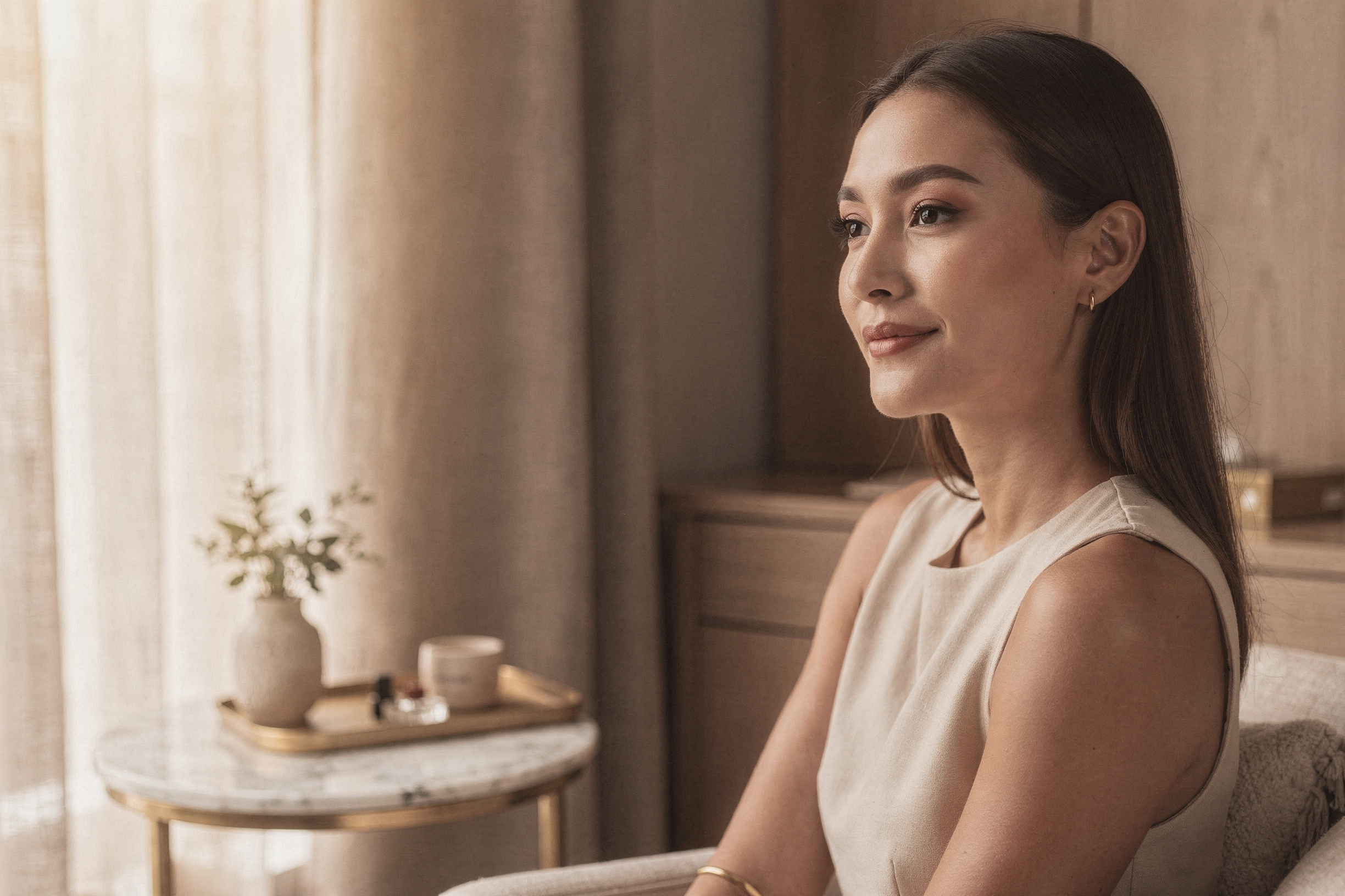 Woman in a serene spa-like setting showcasing refined facial features and skin quality